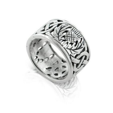 Scottish Thistle and Celtic Knot Wedding Band 11mm Wide Sterling Silver