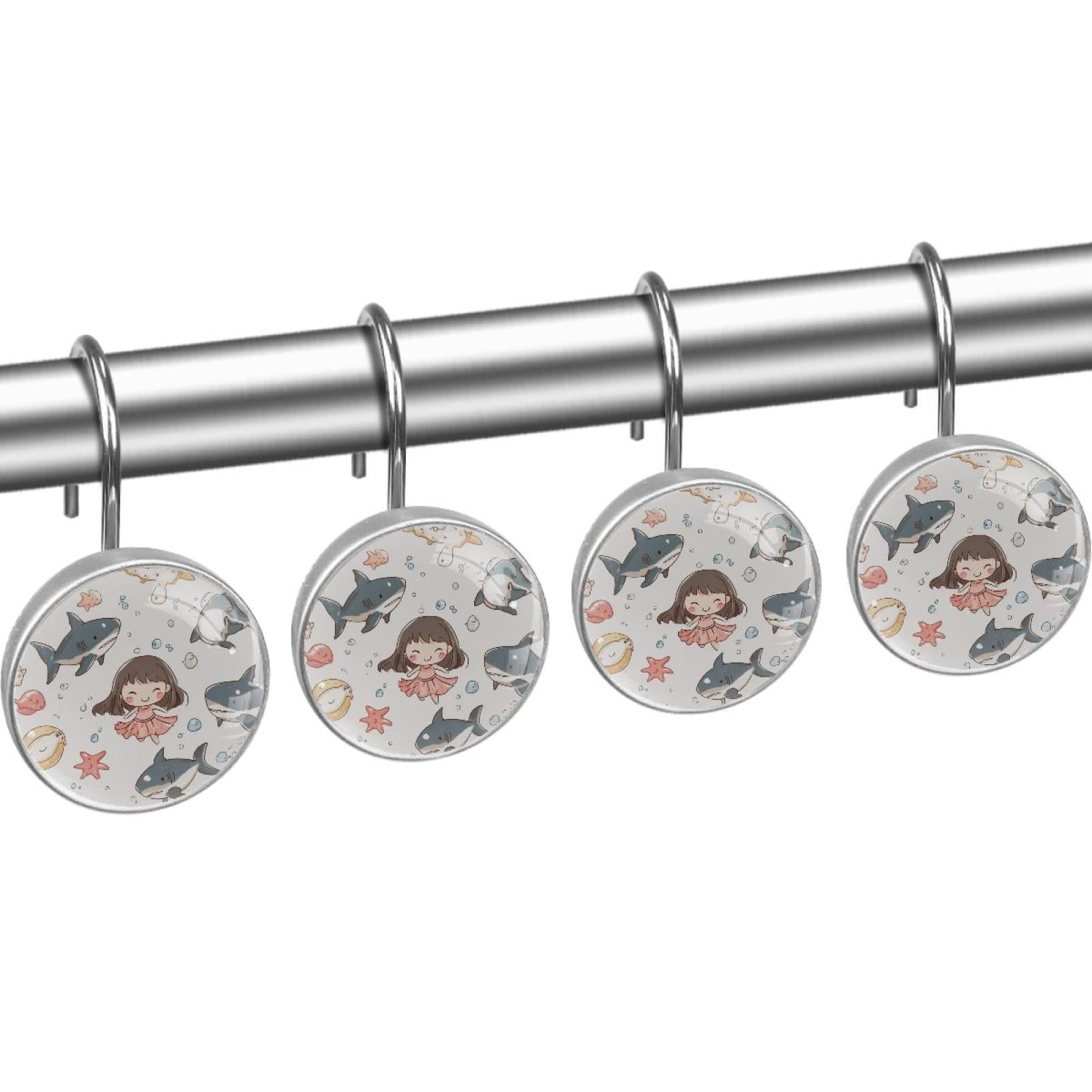 Cartoon Shark Starfish Girl Shower Curtain Hooks Round Crystal Glass, Set of 12 Shower Curtain Rings - Shower Hooks for Curtain Shower Rings