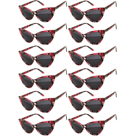 Retro Women's Cat Eye Vintage Sunglasses UV Protection Red Flower Frame Smoke Lens Brand OWL (12 Pack)