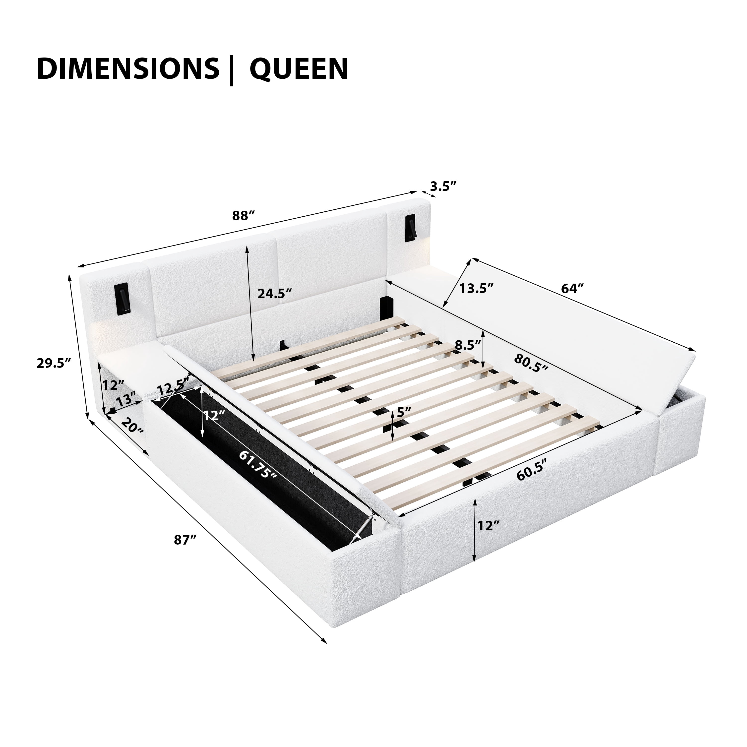Queen Size Platform Bed w/ Hidden Storage, Built-in Nightstands, Reading Light, No Box Spring Needed