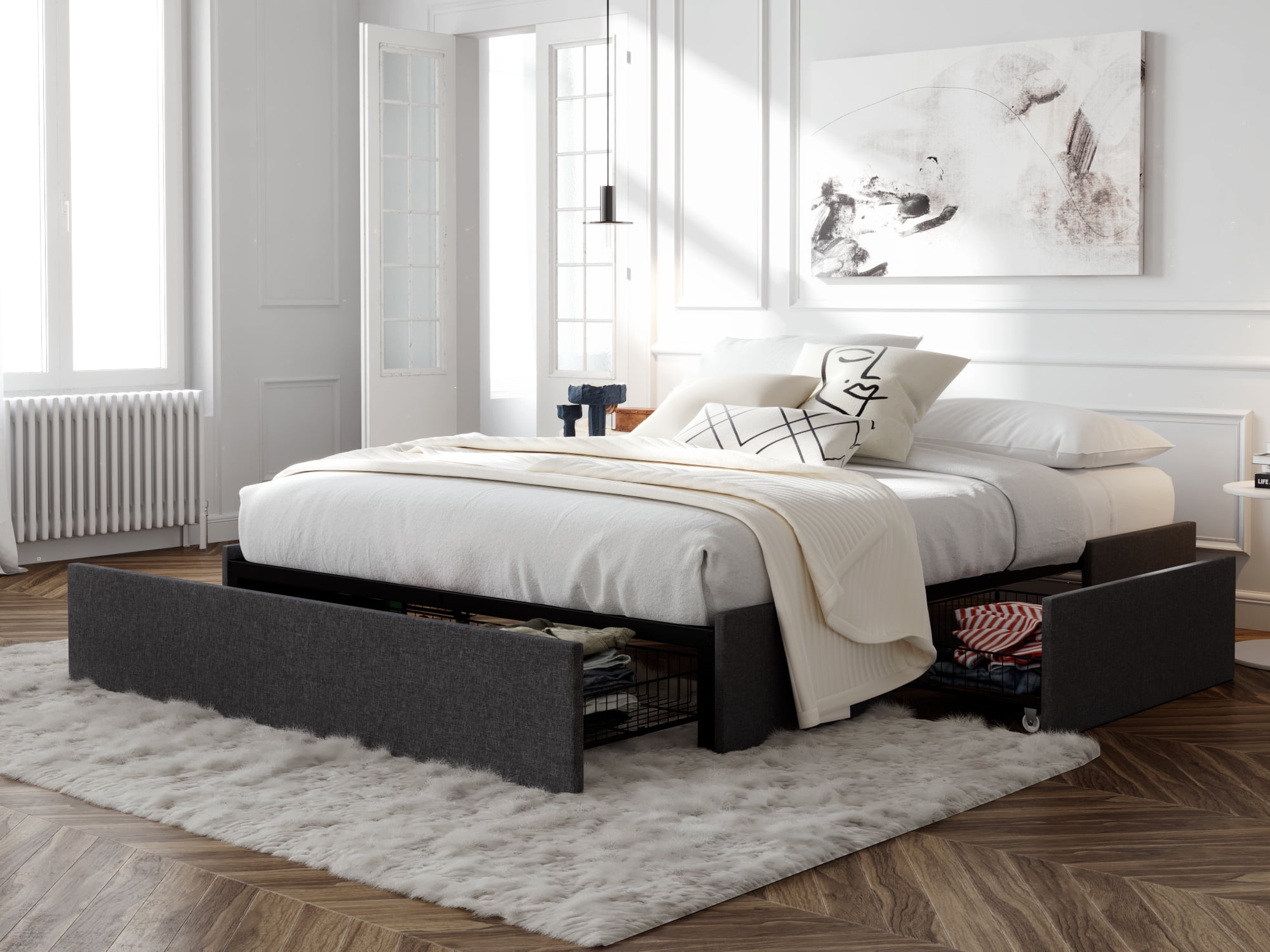 Buy Amolife Upholstered Queen Platform Bed Frame with 3 Storage Drawers