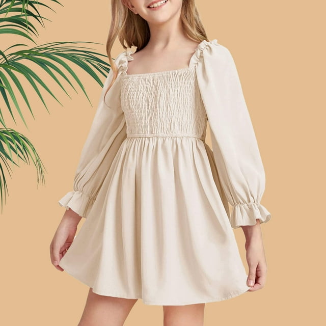 TopLLC Robes pour Filles Col Carré Manches Lanternes Robe à Volants Grandes Balançoires Robe en Dentelle Taille Haute pour 3-10 Ans Robe en Coton