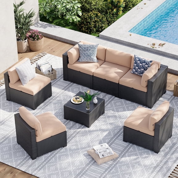 Sunmthink 7 Piece Patio Furniture Set Wicker Rattan Patio Sectional Sofa Set Outdoor Seating Furniture with Thickened Cushion, Beige