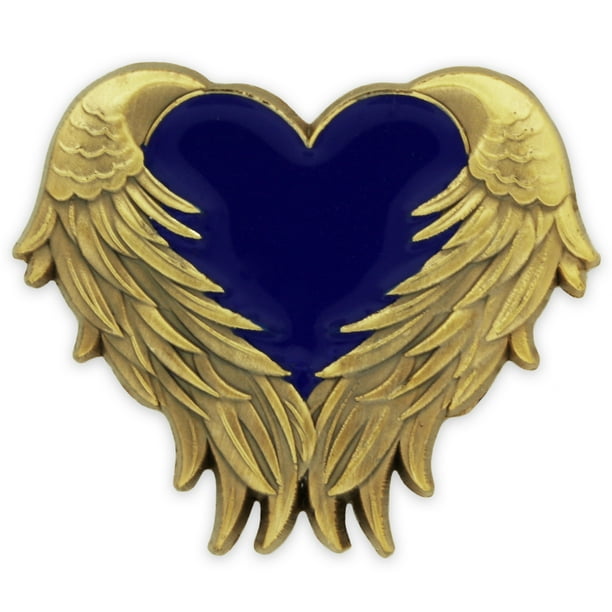 PinMart Blue Heart with Antique Gold Angel Wings Enamel Lapel Pin