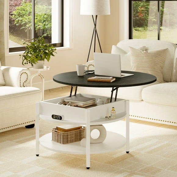 GUNAITO Round Lift Top Coffee Table with Storage, White