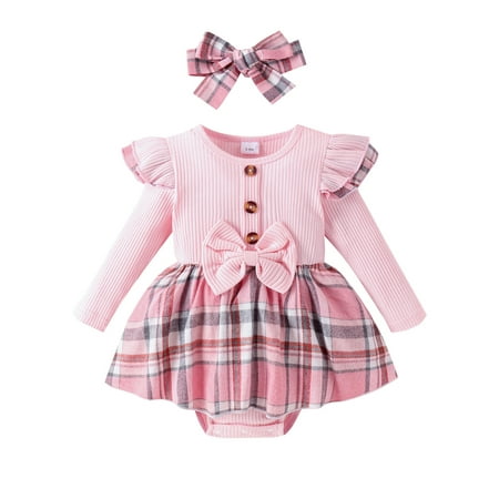 

Shuttle tree Newborn Baby Girl Fall Winter Outfit Set Plaid Romper Dress Ruffles Long Sleeve Clothes Jumpsuit with Bow Headband