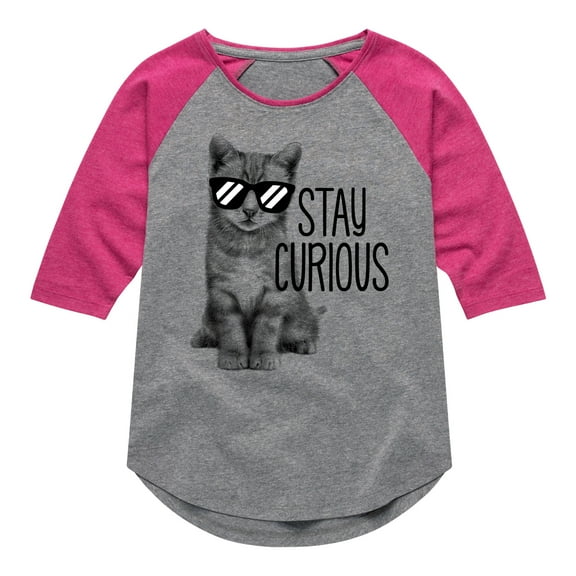 Instant Message - Stay Curious Cat - Toddler & Youth Girls Raglan Graphic T-Shirt