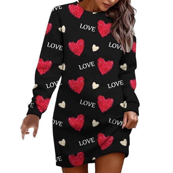 Long Sleeve Dresses for Women Casual Round Neck Dress with Valentine Heart Print Casual Comfortable Outfits Fashion Women Fall Dresses Black L