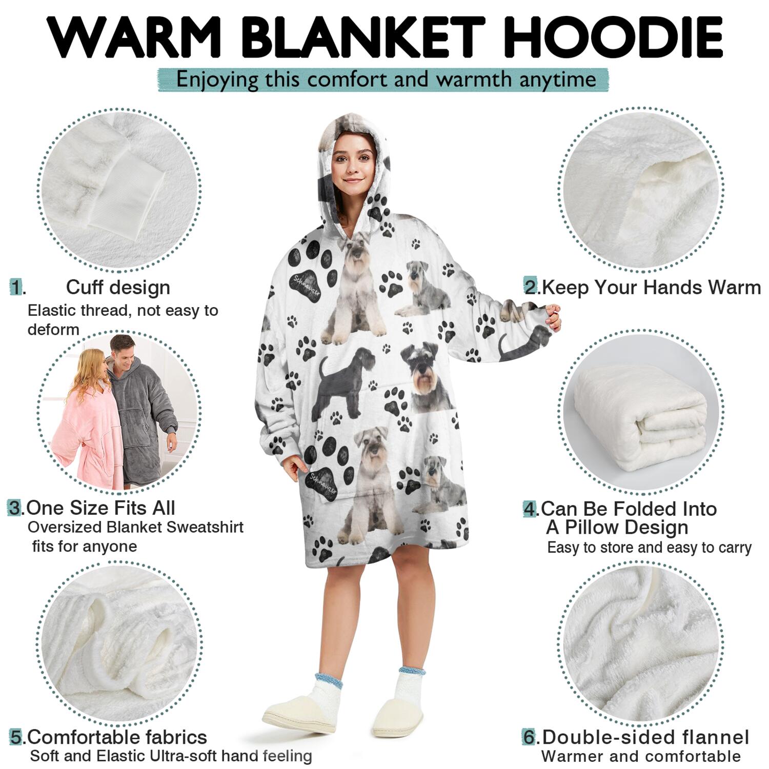 Schnauzer Dog and Footprints Wearable Oversized Blanket,Wearable Blanket Hoodie for Adults,Cozy Hooded Blankets with Super Pockets,Super Warm Fuzzy Pullover for Women & Men