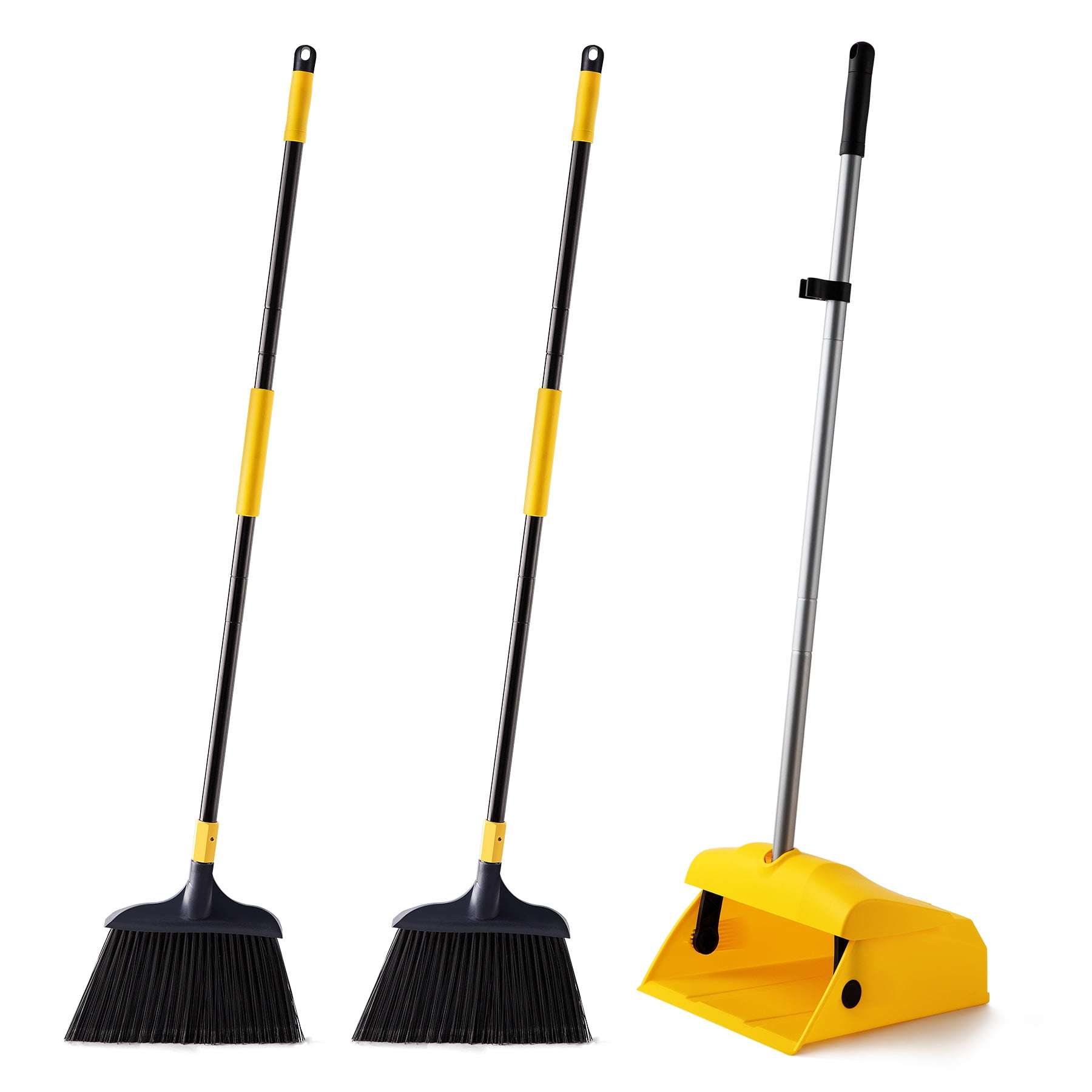 Yocada Broom and Dustpan Set 54' Broom with lid (2 Brooms 1 Dustpan) Soft Handle Securing Clip Stiff Bristles Windproof Indoor Outdoor Office Lobby Floor commercial use(Yellow)