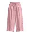 thumbnail image 4 of Lmueinov 2026 Women's Drawstring Elastic High Waist Cotton Linen Cropped Wide Leg Pants, Side Button Decor Loose Capri Casual Trousers Summer Daily Vacation Wear S-XXL, 4 of 6