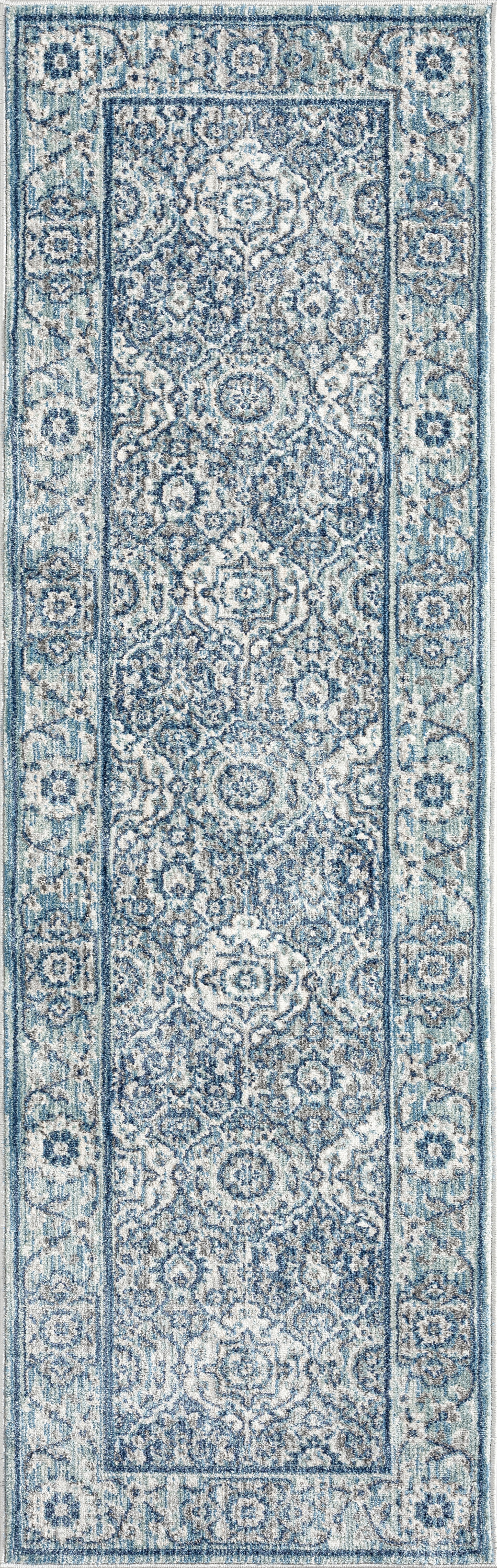 Transitional 2x8 Area Rug (2'3'' x 7'7'') Oriental Navy, Cream Indoor Runner Easy to Clean