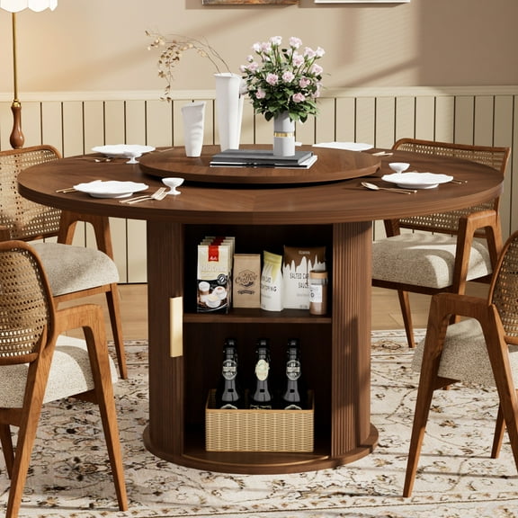 PORKISS Modern Round Dining Table, 55 Inch Circle Kitchen Tables for 6 with Double-tiered Storage Rack and Rotating Tabletop Tray, Wood Strip Base, Farmhouse Table for Kitchen, Dining Room, Walnut