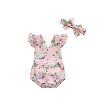 

Suanret Newborn Baby Girls Easter Romper Outfits Rabbit Printed Fly Sleeve Elastic Romper+Headband Clothes Pink 18-24 Months