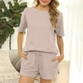 thumbnail image 6 of Scyoekwg Summer 2 Piece Outfits for Women Sweatsuits Sets Trendy Loose Solid Color Short Sleeve Round Neck Tops Shorts Home Pajamas Sets Casual Outfits (Khaki,L), 6 of 7