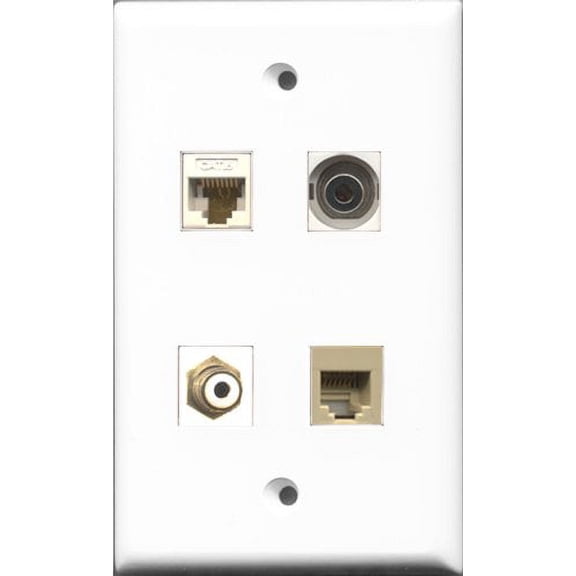 RiteAV 1 Port RCA White and 1 Port Phone RJ11 RJ12 Beige and 1 Port 3.5mm and 1 Port Cat6 Ethernet White Wall Plate