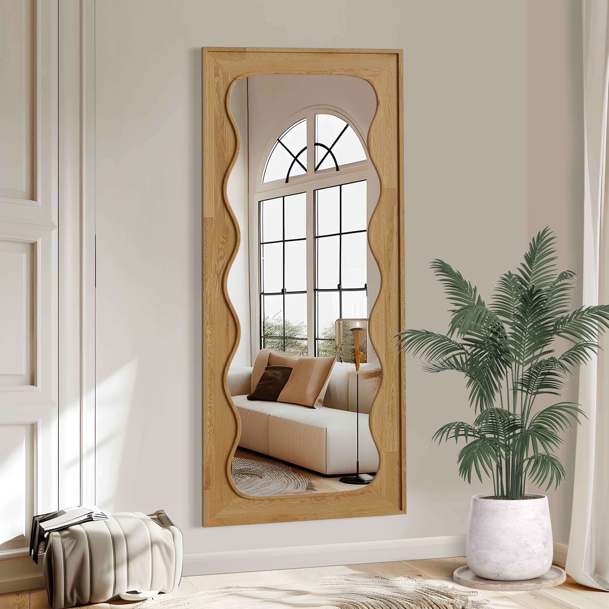 MAYEERTY 71x31x1 Inch Natural Wood Inner Wave Right Angle Rectangular Full Length Mirror, No Stand for Bedroom