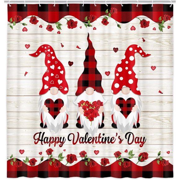 Rideau de Douche de la Saint-Valentin, Style Ferme Romantique avec Gnomes Amusants Elf et Cœur Rouge, Rideau de Douche pour Salle de Bain, Carreaux Rouges et Noirs Décoratif avec Crochets, Ensemble de Rideau de Douche en Planches de Bois 70x70 Po