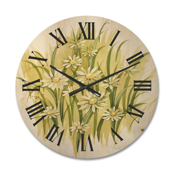Designart 'Abstract White Meadow Flowers' Traditional Wood Wall Clock