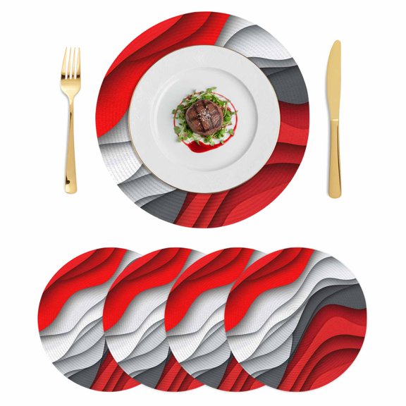 Red Grey Ombre Round 15 Inch Placemats Set of 4, Abstract Moire Art Geometric Modern HeatResistant Non Slip Place Mats for Dining Table, Wipeable Braided Kitchen Table Mats for Housewarming