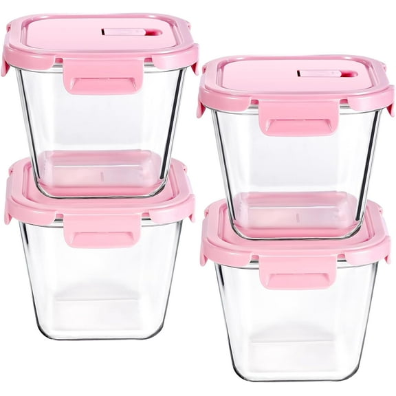 4 Pack Glass Meal Prep Containers,4 Cup Glass Soup Storage Containers with Lids,Salad Fruit Food Storage,Microwave,Dishwasher,and Freezer Safe 32 Oz Pink