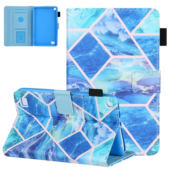 Fire 7 Case (9th/7th/5th Generation, 2019/2017/2015 Released), Alltyech Slim Shell PU Leather Lightweight Auto Sleep Wake Smart Cover Kickstand Case for Amazon Fire 7 7-inch Tablet, Blue Grid