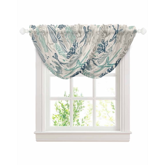Waterfall Valances for Windows, Blue Teal Coastal Kitchen Sheer Valance Curtains, Summer Beach Starfish Coral Nautical Rustic Rod Pocket Swag Valances for Living Room Bedroom, 47.2"x38.5", 2 Panel