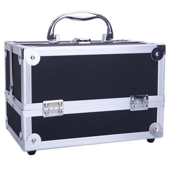 Makeup Train Case with Lock and Mirror, Portable Aluminum Cosmetic Organizer Box 2 Trays (Black)