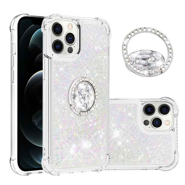 Funda para iPhone 12 PRO MAX con Brillo Líquido Flotante, Purpurina, Parachoques y Anillo Giratorio Soporte