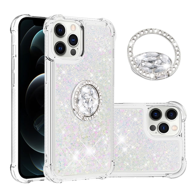 Funda para iPhone 12 PRO MAX con Brillo Líquido Flotante, Purpurina, Parachoques y Anillo Giratorio Soporte
