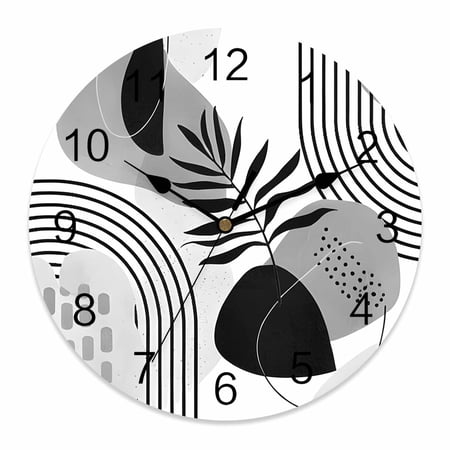 Wall Clock Boho Abstract Mid Century Clocks PVC Silent Non-Ticking Battery Operated Grey Modern Geometric Leaf Round Clock for Home Living Room Kitchen Bedroom Office School Wall Decor 10 Inch