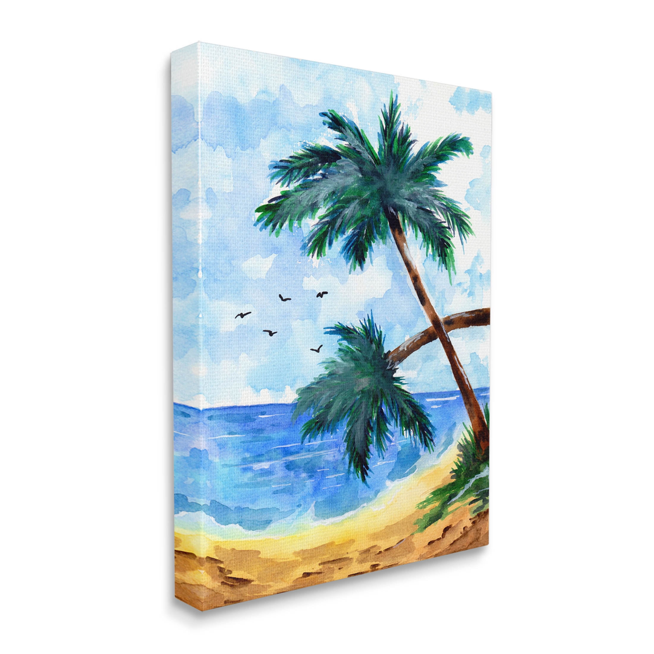 Tropical Beach Palms Birds Flying Coastal Painting Gallery Wrapped Canvas Print Wall Art