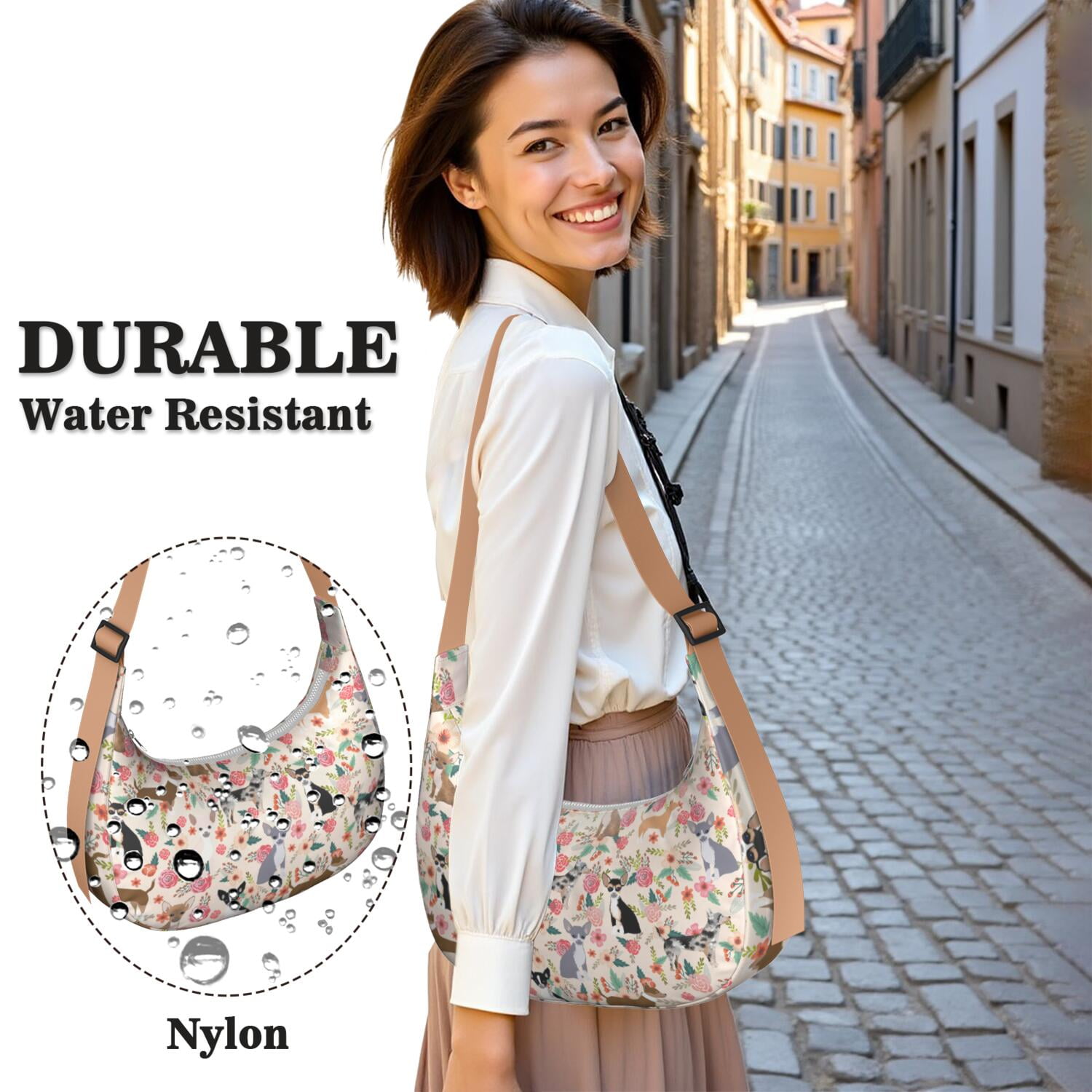 Casual Purse for Women – Adjustable Strap, Smooth Zipper & Reinforced Stitching, Cute puppy pattern, Bone, Artistic dog print, Vintage Style Lightweight Bag