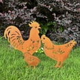 thumbnail image 1 of Juego de decoración de jardín al aire libre familiar de gallo de metal color óxido | Arte de patio de animales de hierro hueco de 3 piezas | Estacas de artesanía de césped | Acabado desgastado | 3, 1 of 6
