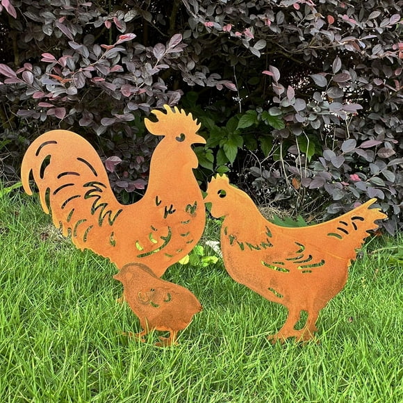 Pgyong Outdoor Decoration Metal Hollow Iron Piece Rust Colored Rooster Family Three Piece Set Of Garden Handicrafts