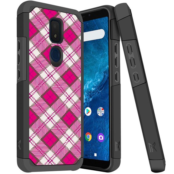 ANJ  Slim Dual Layer Hybrid Shockproof Case   Tempered Glass Cover for Cricket Icon 3, Splendor, AT&T Motivate 2 - Hot Pink Plaid