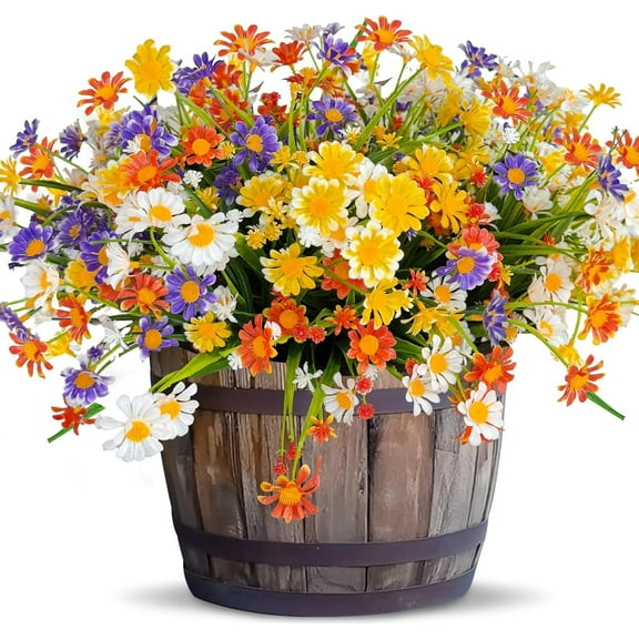 8Pcs Artificial Daisy Flowers, Outdoor UV-Resistant Fake Plants for Summer Decor - Plastic Greenery Shrubs for Cemetery, Garden, Porch Planter, Indoor Spring Home Decor (4 Colors Assorted)