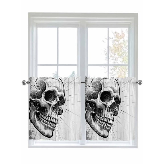 Half Window Curtain 36 Inches Long, Horror Skull Window Treatment Curtain Drapes, Black Skeleton Spooky Halloween Small Tier Curtains for Bathroom Over Sink, 27.5"x36", 2 Panels