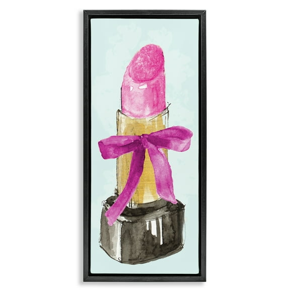 Stupell Industries Lipstick & Pink Bow Fashion Painting Black Floater Framed Canvas Art Print Wall Art, 11 x 25
