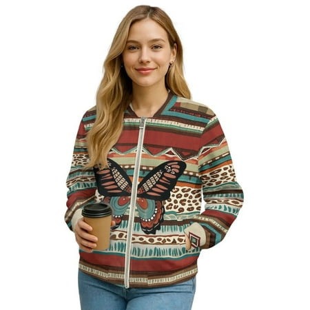 DISNIMO Butterfly Printed Jackets for Women Casual Sweatshirts Aztec Style Printed Outwear Long Sleeve Sweatshirts for Fall Winter S
