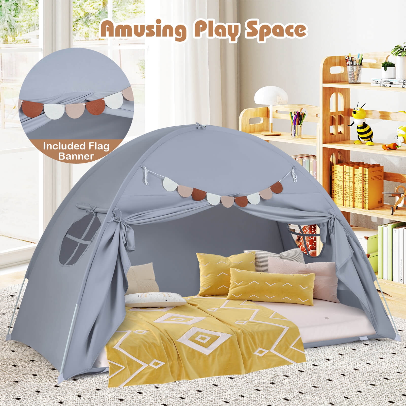 Infans Twin Full Size Bed Tent w/2 Windows, Flags for Boys & Girls Aged 3+ Years Old