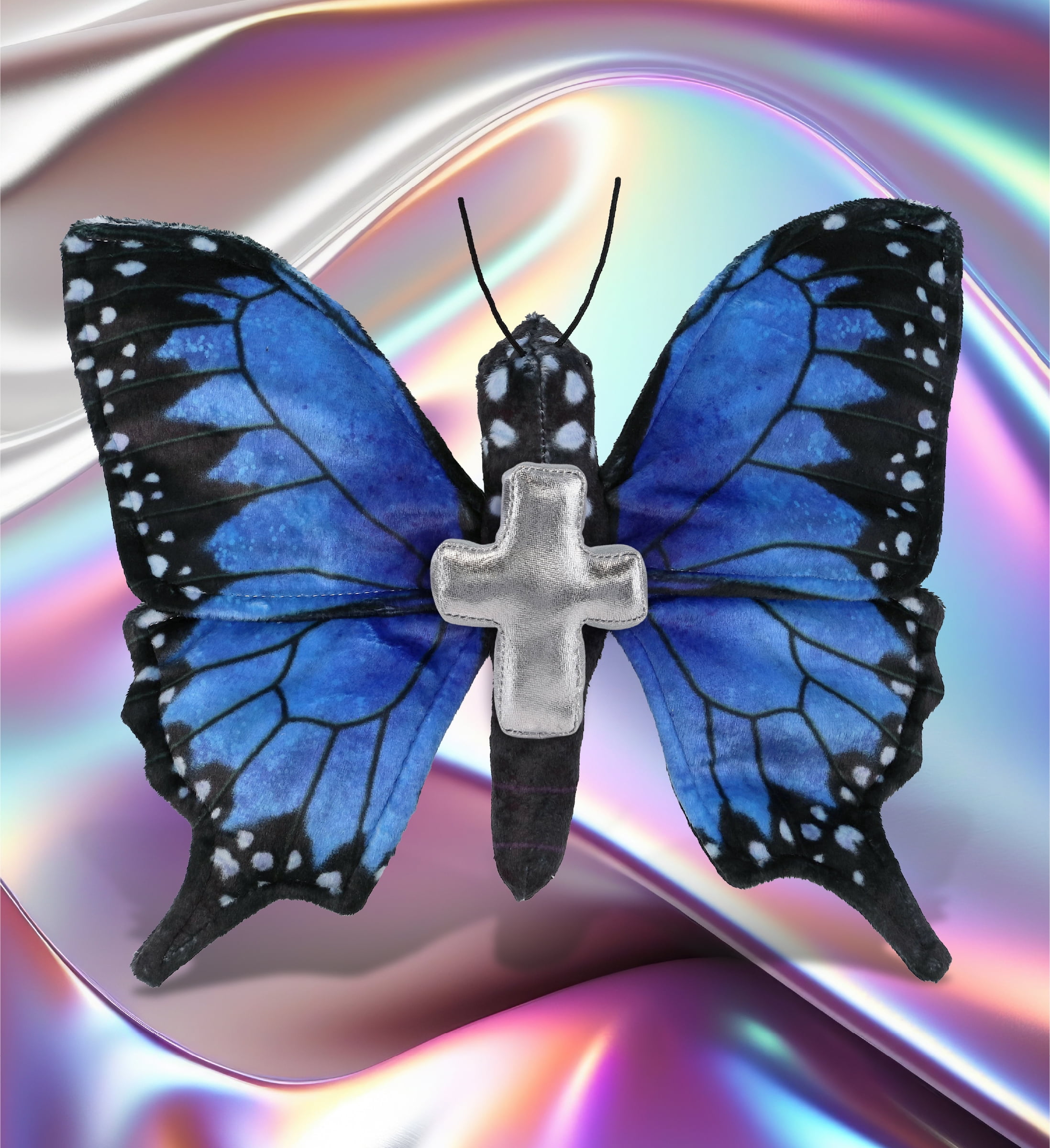 DolliBu Wild Collection Blue Butterfly Stuffed Animal with Silver Cross Plush - Baptism Gifts for Boys and Girls, Dedication Christening Gifts Plush Prayer Toy Healing Stuffed Animal - 12 Inches