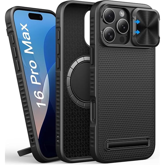 for iPhone 16 Pro Max Case with Stand, Compatible with MagSafe, Slide Camera Cover, Slim Fit, Military-Grade Protection, Rugged Hard Magnetic Men Phone Case for iPhone 16 Pro Max 2024, Black