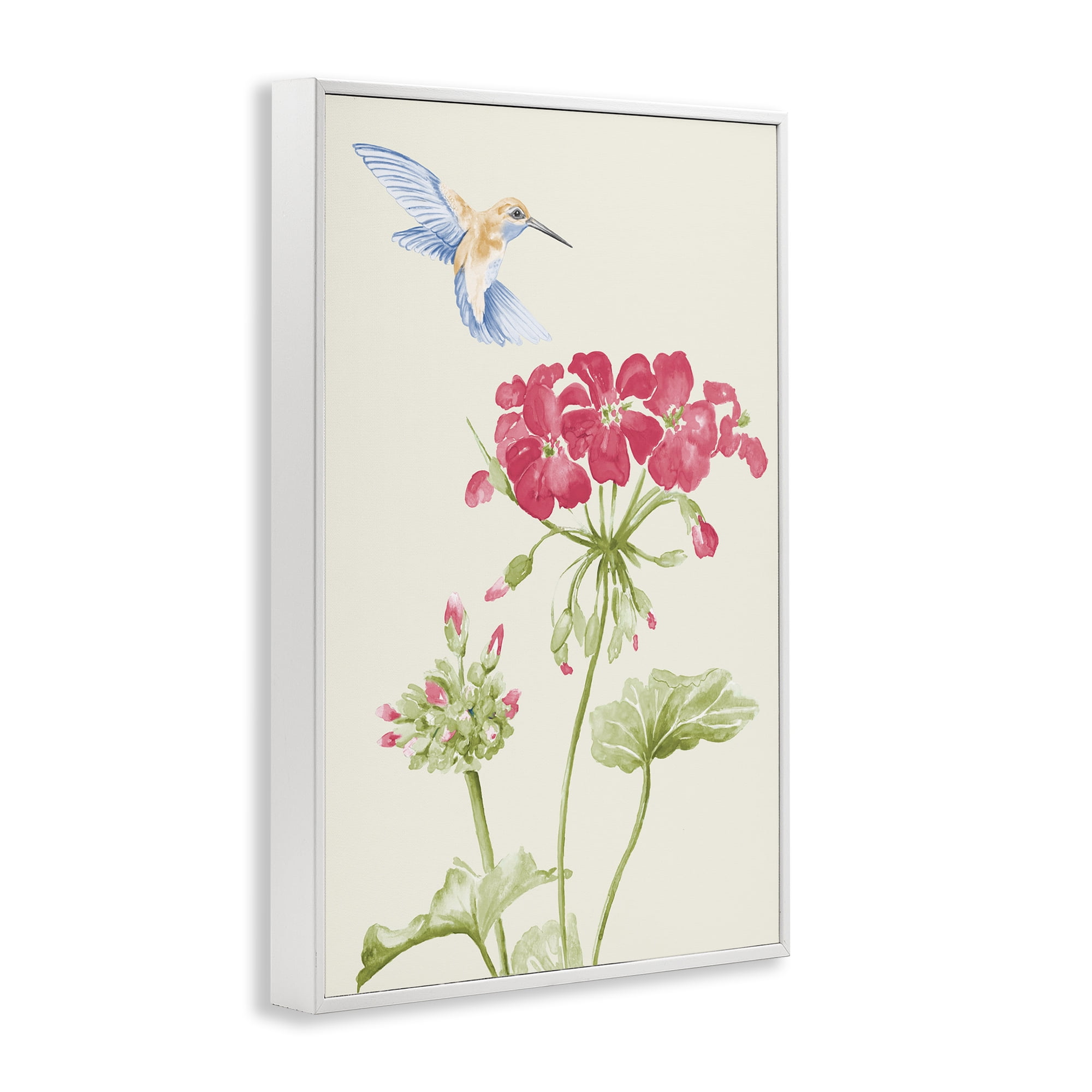 Stupell Industries Geraniums & Hummingbird Botanical & Floral Painting White Framed Art Print Wall Art, 12 x 18