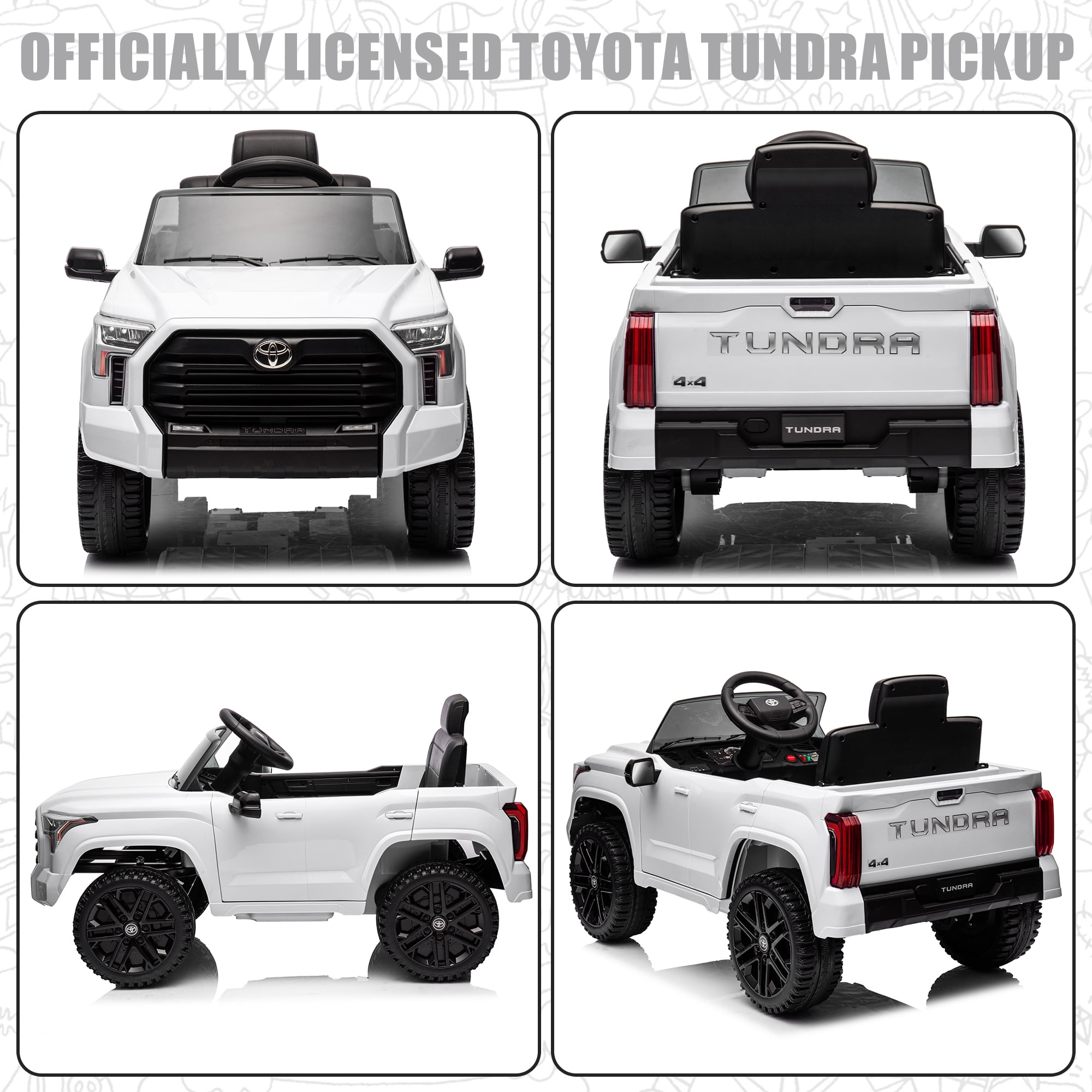 Toyota Tundra 12 V Powered Ride on Cars, Electric Pickup Truck Toys for Kids with Remote Control, 4 Wheels, Battery Powered, LED Light, MP3 Player, White