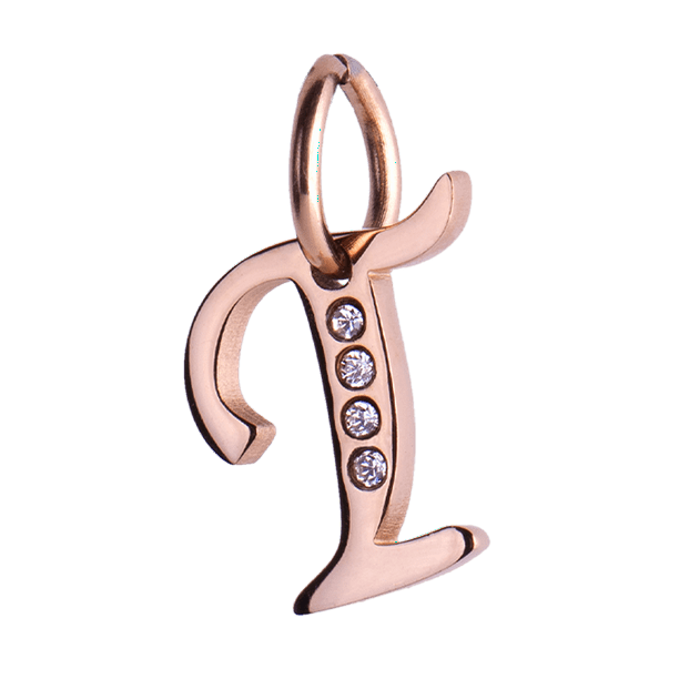 Charm para Pulsera LuckyLy, Dije Inicial Letra A, Acero Inoxidable con Baño de Oro Rosa 18k y Zirconia Cúbica, Modelo Lizzy rosa Letra T
