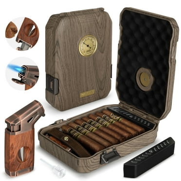 Travel Cigar Humidor Cigar Case with Cigar Lighter, Cedar Lined Cigar Box, V Cut Cigar Cutter, Portable Cigar Humidor with Humidifier & Hygrometer, Holds 7-9 Cigars Gift Set for Men Cigar Lovers