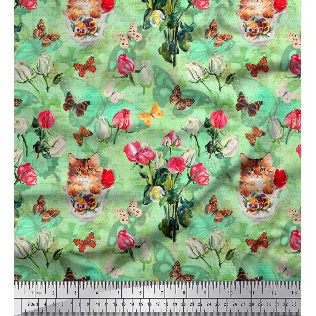 Soimoi Tissu Satin Modal Vert Chat, Insectes & Roses Imprimé Fleurs Tissu au Mètre 42 Pouces de Large