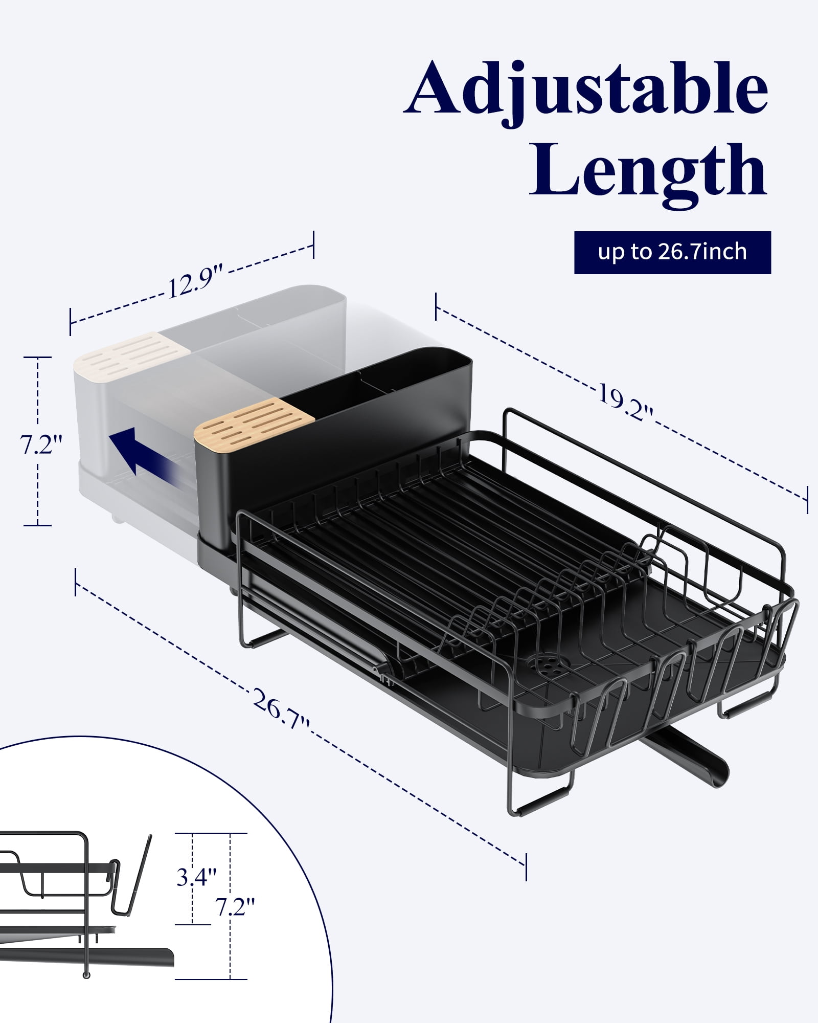 Sakugi Dish Drying Rack, Extendable Dish Drainer, Anti-Rust Dish Rack for Kitchen Counter, 26.2" x 12.9" x 7.2", Black