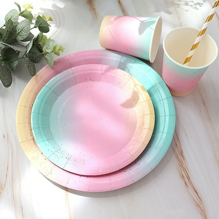 

10pcs Disposable tableware set rainbow paper plate cup wedding birthday decor